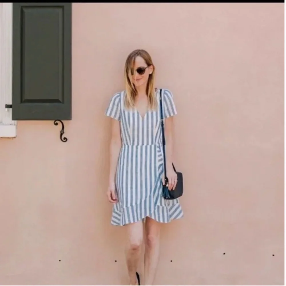 J. Crew Factory Blue and White Striped Faux Wrap Cotton Dress Size 6 - Picture 4 of 12